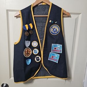 Vintage Royal Ambassadors Christian Dark Denim‎ Jean Vest Embroiderd Patches S